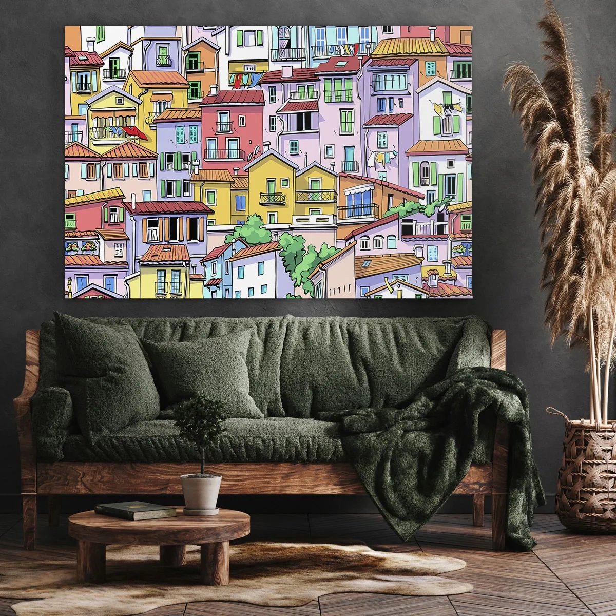 Bild auf Leinwand - Leinwandbild - Bunte Mietshäuser im lebendigen, fröhlichen Stil - 120x80cm - Lustige Stadt - Moderne Wanddekoration für Wohnzimmer und Schlafzimmer ARTTOR