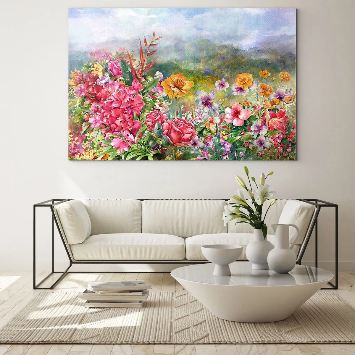 Glasbild - Bild auf glas - Ein Strauß bunter Blumen vor einer malerischen Landschaft - 100x70cm - Ein Garten, der verrückt geworden ist - Moderne Wanddekoration für Wohnzimmer und Schlafzimmer ARTTOR