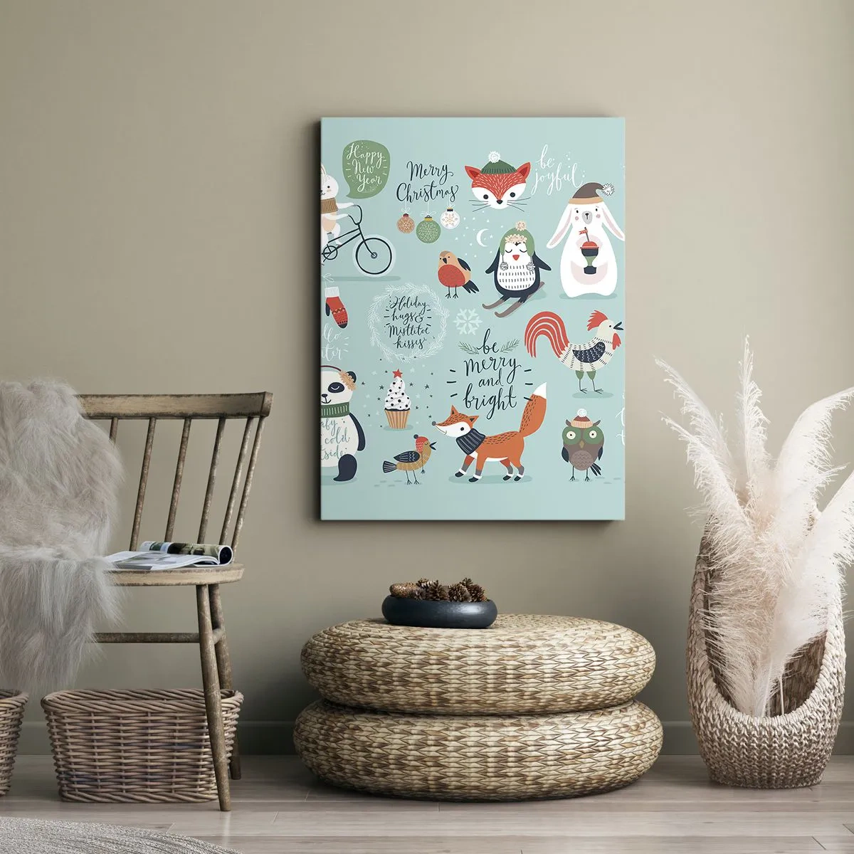 Bild auf Leinwand - Leinwandbild - Weihnachtsillustration von Tieren in winterlicher Atmosphäre - 50x70cm - Möge es immer Weihnachten sein! - Moderne Wanddekoration für Wohnzimmer und Schlafzimmer ARTTOR