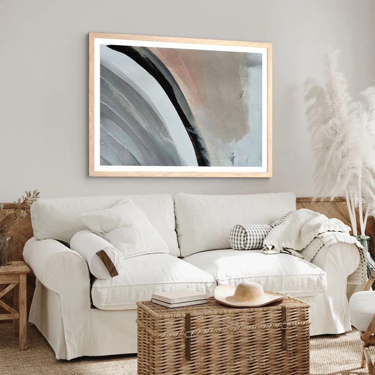 Poster in einem Rahmen aus heller Eiche - Komposition: Bogen aus Schwarz und Grau - 100x70 cm