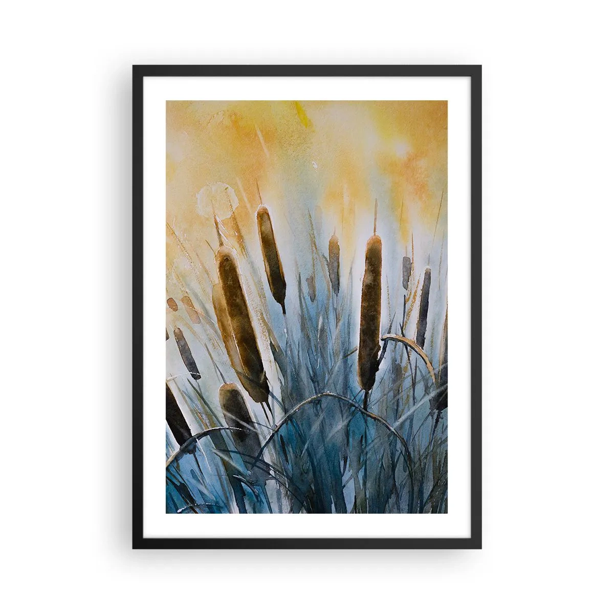 Poster in einem schwarzem Rahmen - Eine malerische Komposition aus Schilf in warmem Licht - 50x70cm - Die Kälte des Wassers, die Hitze der Sonne - Moderne Wanddekoration für Wohnzimmer und Schlafzimmer ARTTOR