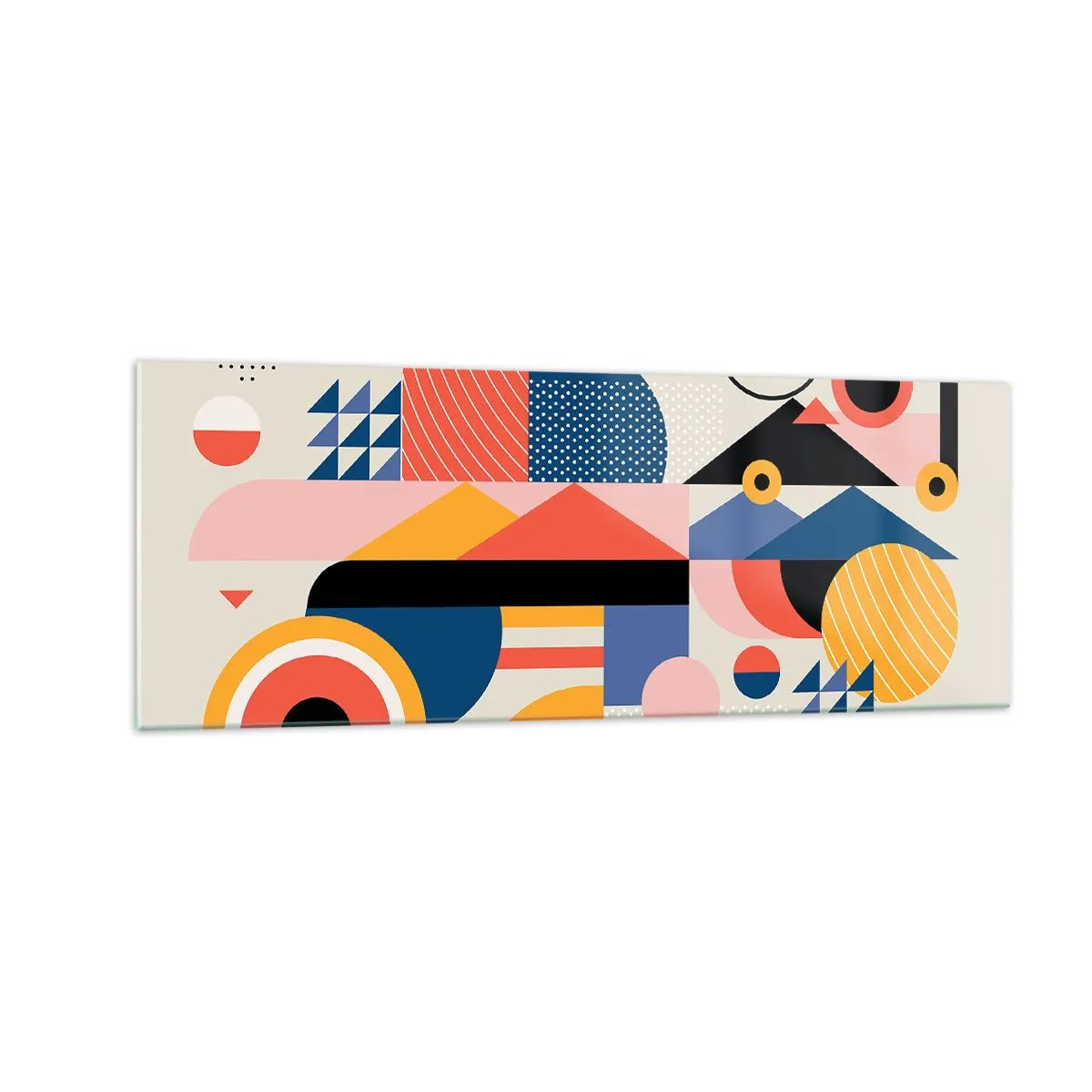 Glasbild - Bild auf glas - Bunte geometrische Formen im Retro-Stil - 140x50cm - Komposition: Na, los, spiel! - Moderne Wanddekoration für Wohnzimmer und Schlafzimmer ARTTOR