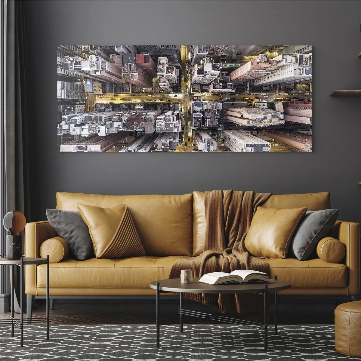 Glasbild - Bild auf glas - Eine Stadt voller Wolkenkratzer aus der Vogelperspektive - 160x50cm - Grüße aus Hongkong - Moderne Wanddekoration für Wohnzimmer und Schlafzimmer ARTTOR