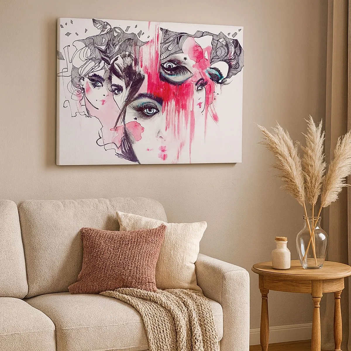 Bild auf Leinwand - Leinwandbild - Abstraktes Gesicht in Rosa- und Schwarztönen - 70x50cm - Abstrakte Augen - Moderne Wanddekoration für Wohnzimmer und Schlafzimmer ARTTOR