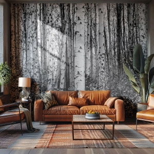 Fototapete Premium Canvas - Schwarz-weiße Birken im Wald - 100x70cm - Birkenkolonnade - Moderne Wanddekoration für Wohnzimmer und Schlafzimmer ARTTOR