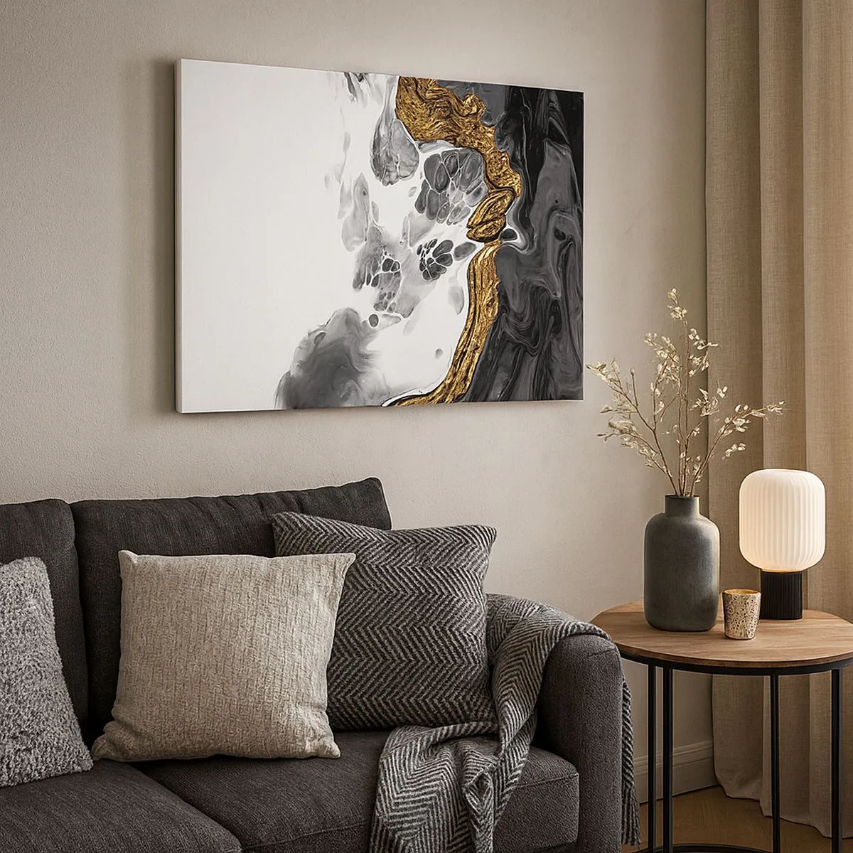 Bild auf Leinwand - Leinwandbild - Eine abstrakte Komposition mit Akzenten in Gold und Schwarz. - 70x50cm - Organische Komposition - Moderne Wanddekoration für Wohnzimmer und Schlafzimmer ARTTOR