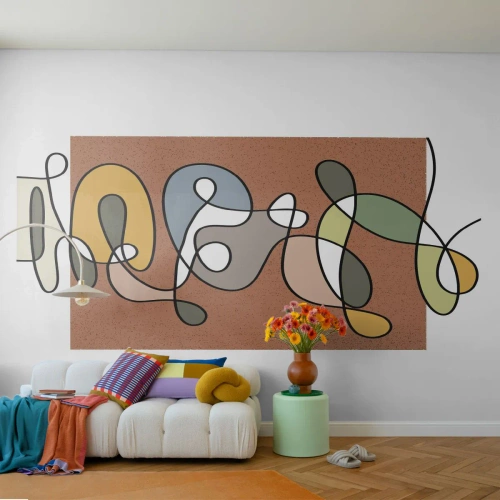 Fototapete Premium Sand - Bunte Abstraktion mit Linien auf Terrakotta-Hintergrund - 100x70cm - Abstraktion, die ein Lächeln wert ist - Moderne Wanddekoration für Wohnzimmer und Schlafzimmer ARTTOR