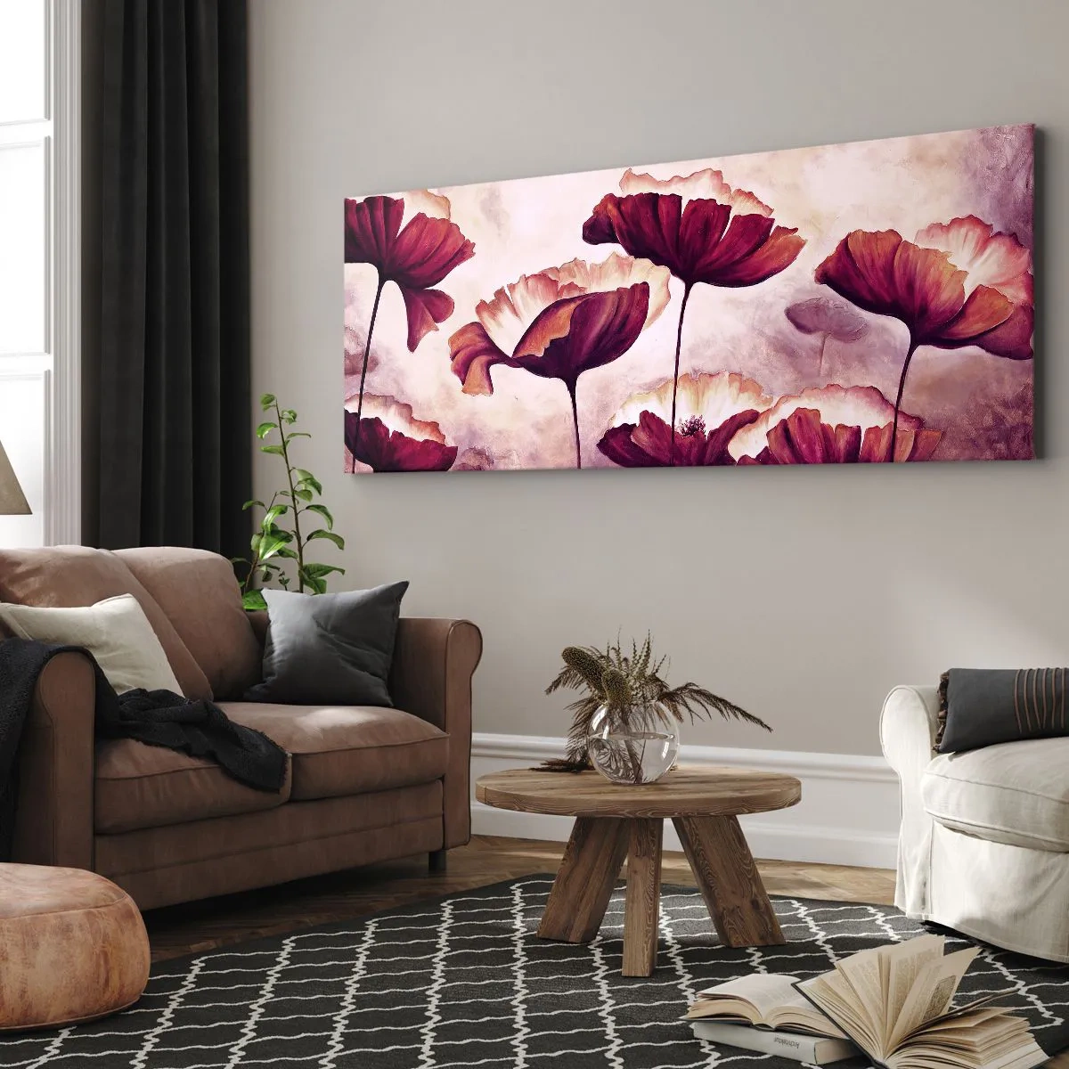 Bild auf Leinwand - Leinwandbild - Blumen in Rot- und Weißtönen auf dezentem Hintergrund - 120x50cm - Rotes und weißes Blütenblatt - Moderne Wanddekoration für Wohnzimmer und Schlafzimmer ARTTOR