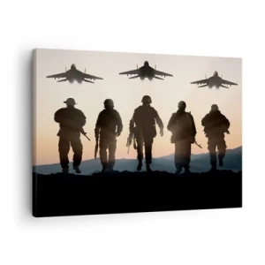 Bild auf Leinwand - Leinwandbild - Silhouetten von Soldaten und Kampfjets vor dem Hintergrund des Sonnenuntergangs - 70x50cm - Willkommen in unserer Welt - Moderne Wanddekoration für Wohnzimmer und Schlafzimmer ARTTOR