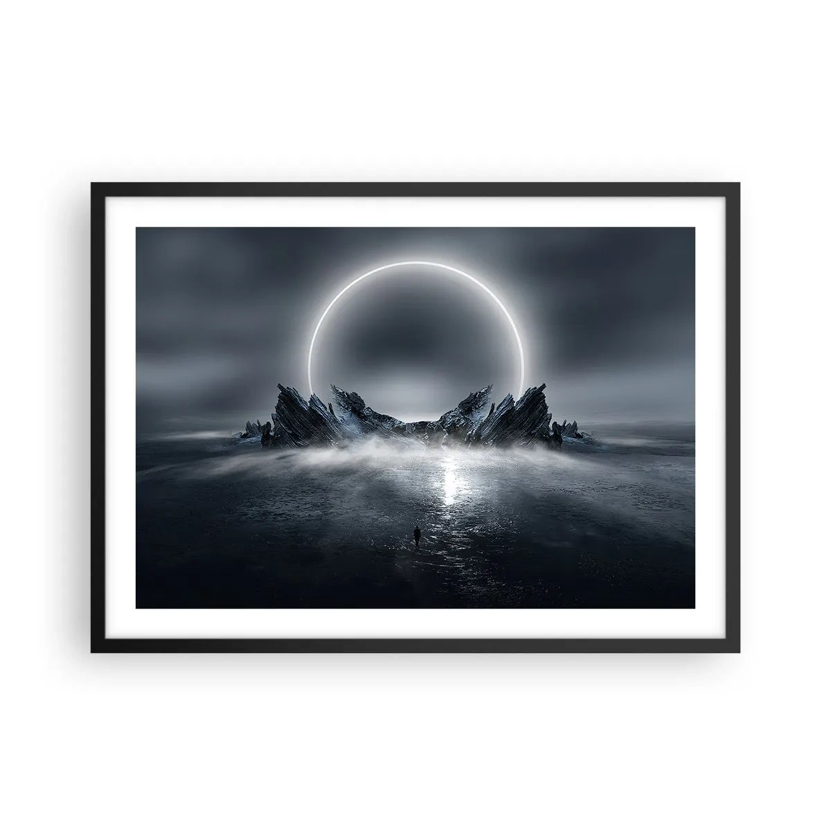 Poster in einem schwarzem Rahmen - Mysteriöse Landschaft mit einem Lichtring über den Bergen - 70x50cm - Ende der Geschichte - Moderne Wanddekoration für Wohnzimmer und Schlafzimmer ARTTOR