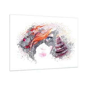 Glasbild - Bild auf glas - Frauenportrait mit dynamischen Mustern und roten Akzenten - 100x70cm - Bei ihr ist jeden Tag Feiertag - Moderne Wanddekoration für Wohnzimmer und Schlafzimmer ARTTOR