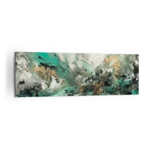 Bild auf Leinwand - Leinwandbild - Abstrakte Landschaft in Grün- und Goldtönen - 160x50cm - Smaragdgrüne und schwarze Brandung - Moderne Wanddekoration für Wohnzimmer und Schlafzimmer ARTTOR