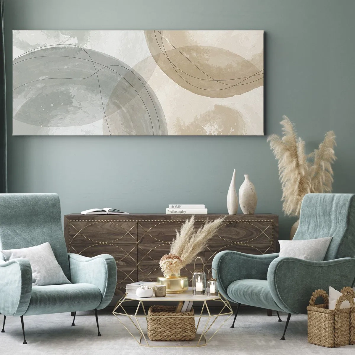 Bild auf Leinwand - Leinwandbild - Abstrakte Komposition in Pastellfarben mit Linien - 120x50cm - Welten durchdringen - Moderne Wanddekoration für Wohnzimmer und Schlafzimmer ARTTOR