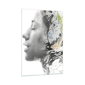 Glasbild - Bild auf glas - Profil einer Frau in einer künstlerischen Collage aus Natur und Schwärze - 80x120cm - Eingebettet in der Natur - Moderne Wanddekoration für Wohnzimmer und Schlafzimmer ARTTOR