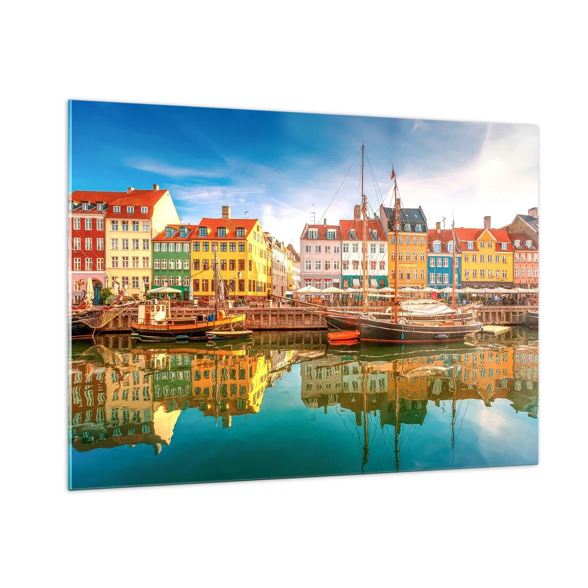 Glasbild - Bild auf glas - Bunte Häuser am Kanal mit Spiegelungen im Wasser - 100x70cm - Glatt wie ein Spiegel über dem Wasser - Moderne Wanddekoration für Wohnzimmer und Schlafzimmer ARTTOR