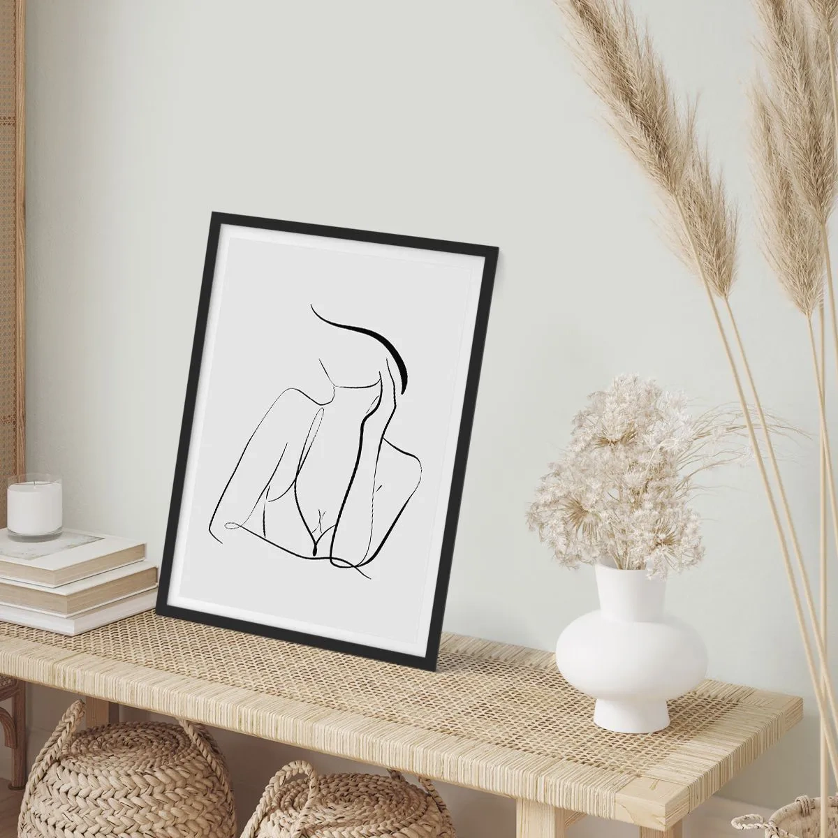 Poster in einem schwarzem Rahmen - Eine minimalistische Linie, die die Silhouette einer Frau darstellt - 50x70cm - Auf der Traumwelle - Moderne Wanddekoration für Wohnzimmer und Schlafzimmer ARTTOR