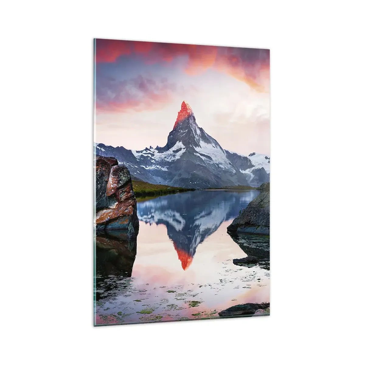 Glasbild - Bild auf glas - Ein Berggipfel spiegelt sich bei Sonnenuntergang in einem See - 80x120cm - Das Herz der Berge ist heiß - Moderne Wanddekoration für Wohnzimmer und Schlafzimmer ARTTOR