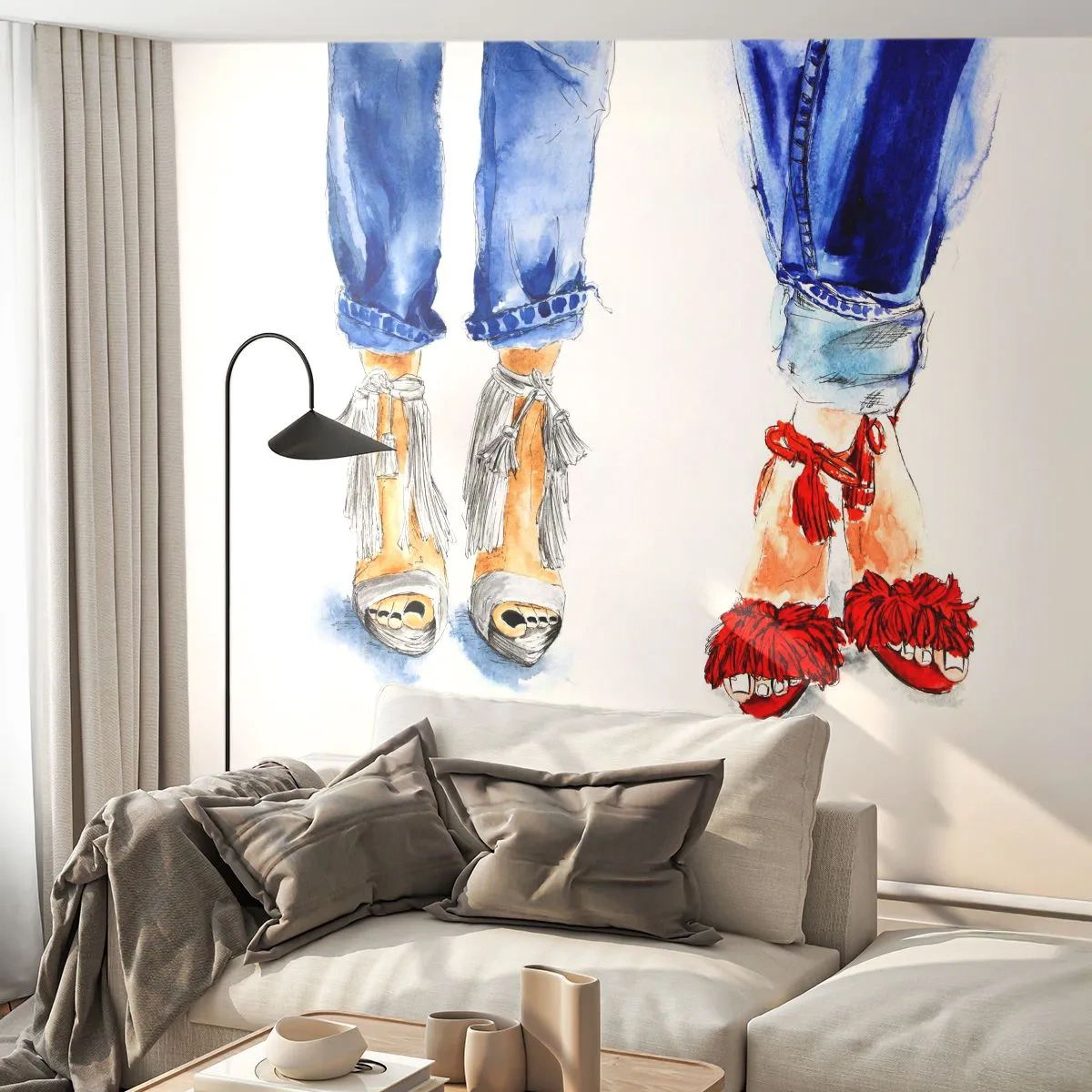 Fototapete Premium Canvas - Abbildung von zwei Paar Schuhen in stylischen Sandalen und Jeans - 100x70cm - Vielleicht gehen wir spazieren? - Moderne Wanddekoration für Wohnzimmer und Schlafzimmer ARTTOR