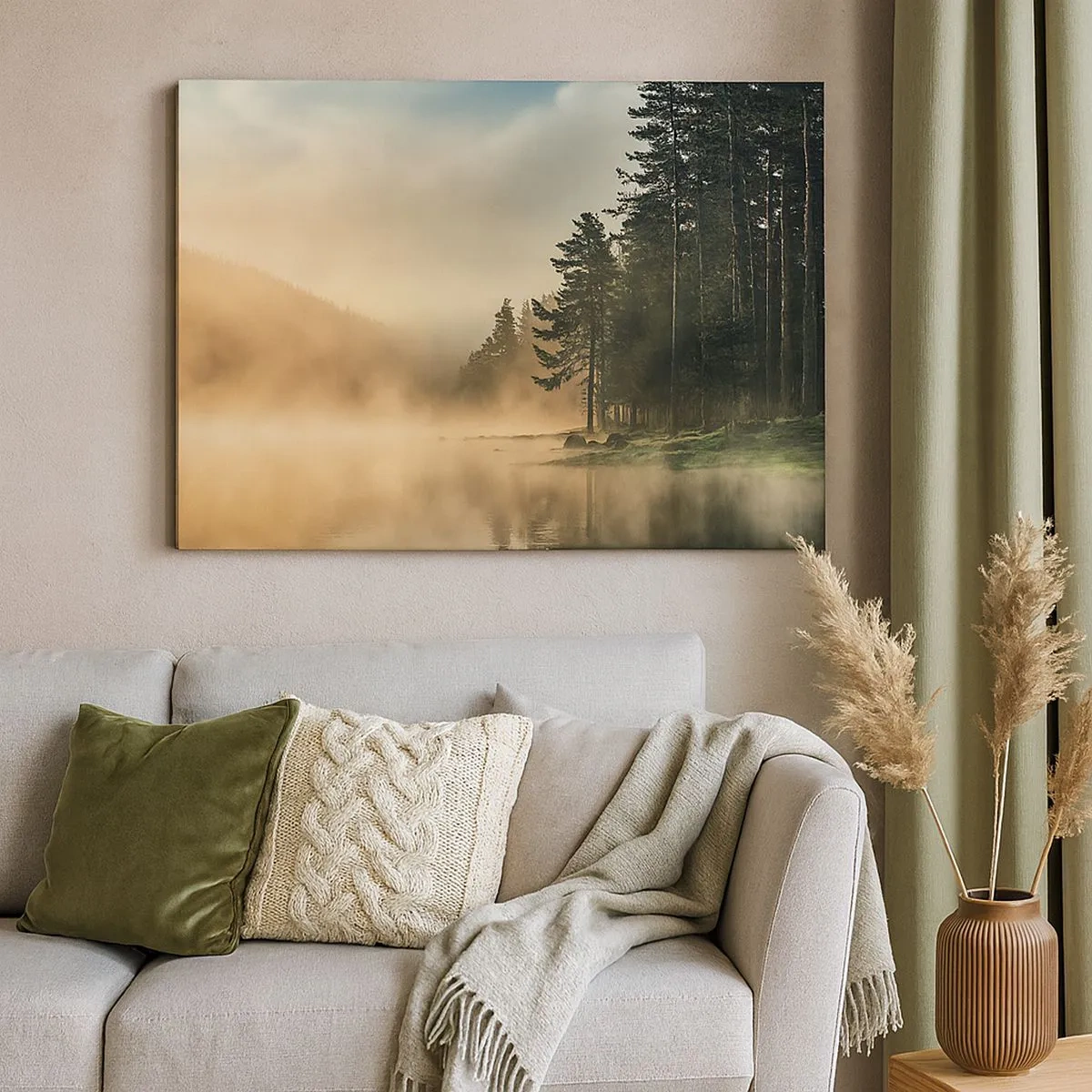 Bild auf Leinwand - Leinwandbild - Ein nebliger Wald über einem ruhigen See - 70x50cm - Die Geburt des Tages - Moderne Wanddekoration für Wohnzimmer und Schlafzimmer ARTTOR
