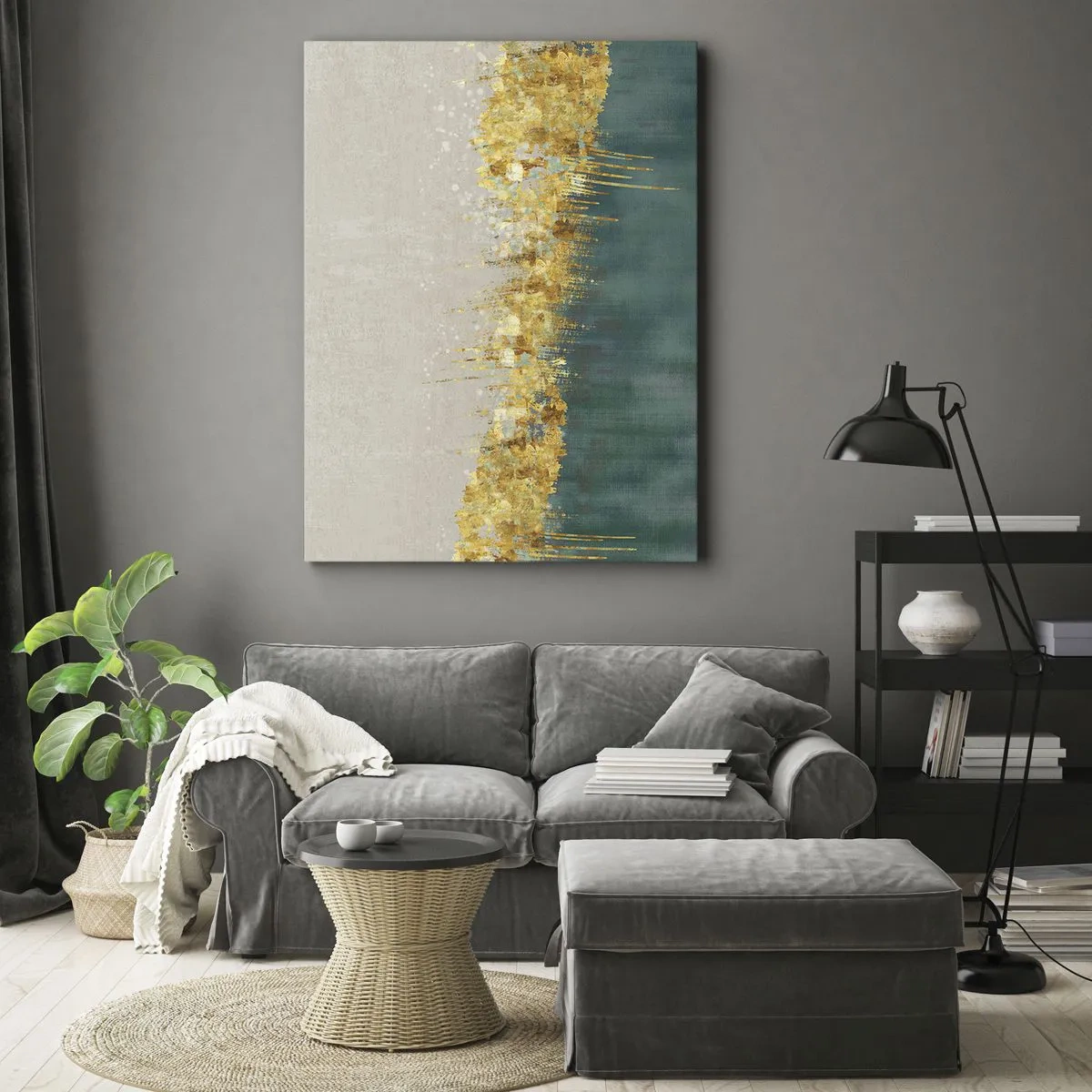 Bild auf Leinwand - Leinwandbild - Goldene Akzente auf grün-beigem Untergrund - 80x120cm - Goldener Rand - Moderne Wanddekoration für Wohnzimmer und Schlafzimmer ARTTOR