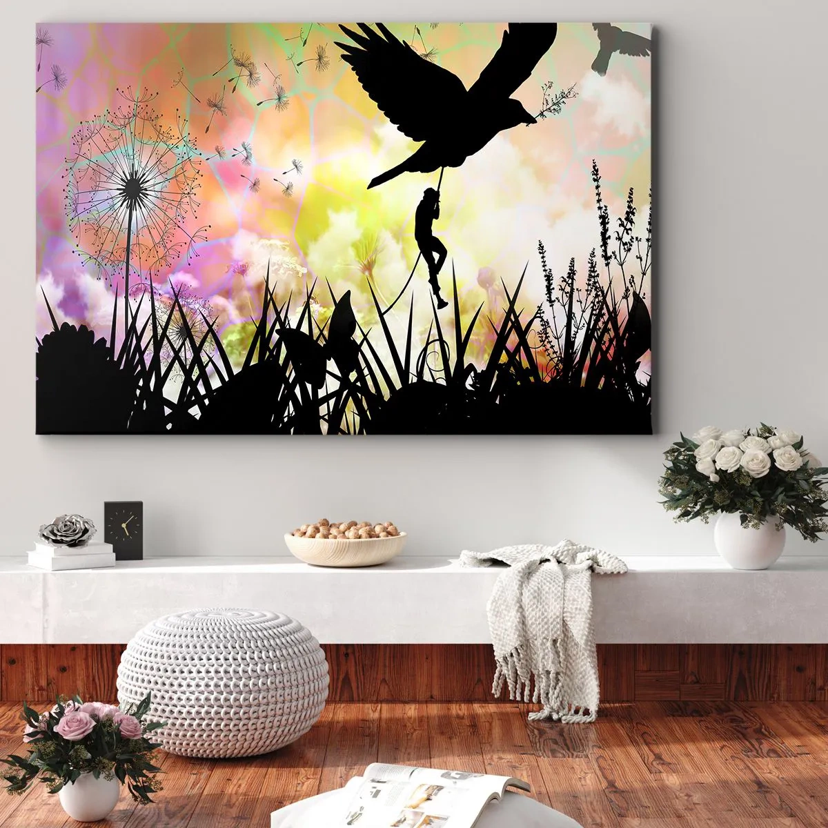 Bild auf Leinwand - Leinwandbild - Natursilhouette mit einem Vogel und einem Löwenzahn - 120x80cm - In märchenhafter Atmosphäre - Moderne Wanddekoration für Wohnzimmer und Schlafzimmer ARTTOR