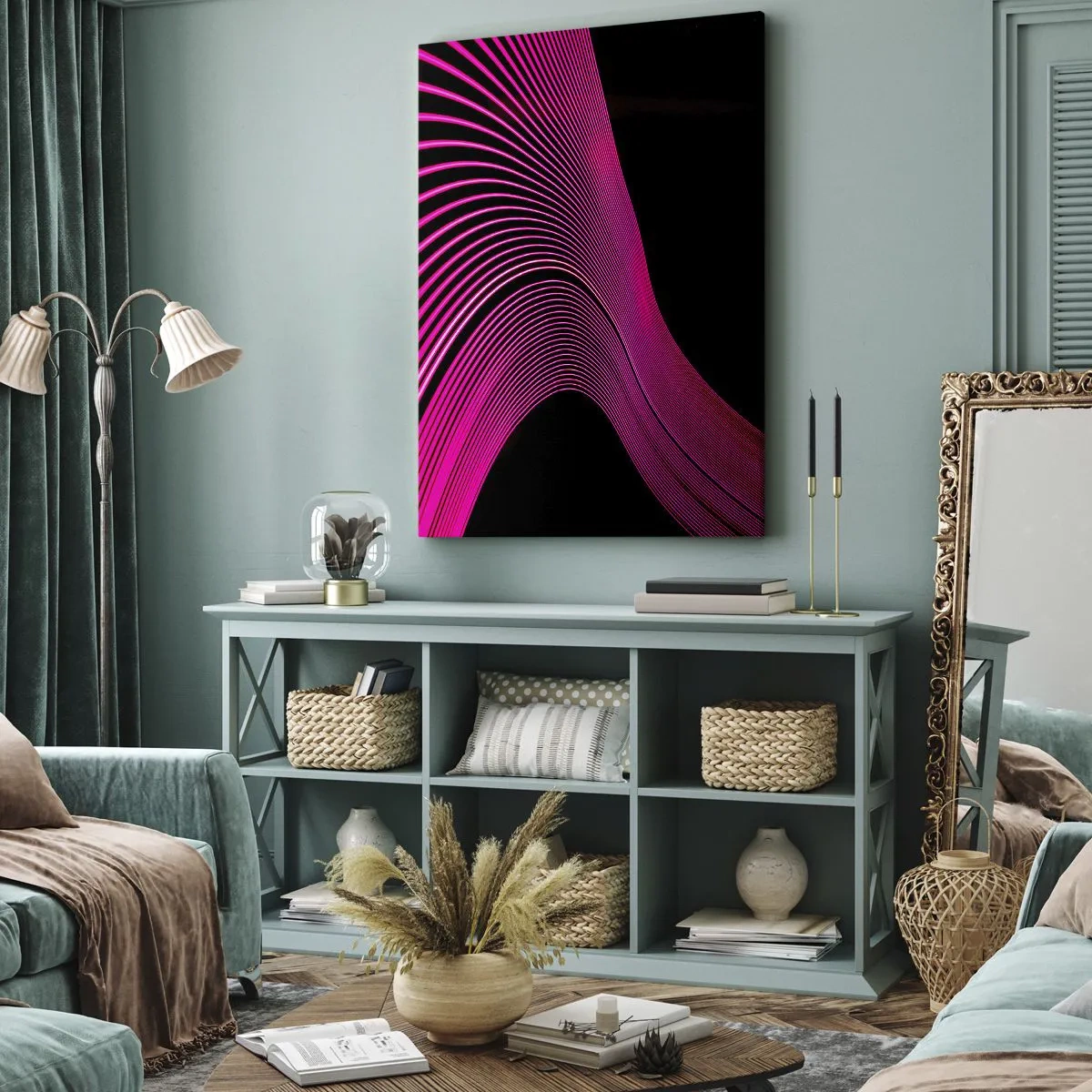 Bild auf Leinwand - Leinwandbild - Futuristische Linien in Rosatönen auf schwarzem Hintergrund - 50x70cm - Allee des Lichts - Moderne Wanddekoration für Wohnzimmer und Schlafzimmer ARTTOR