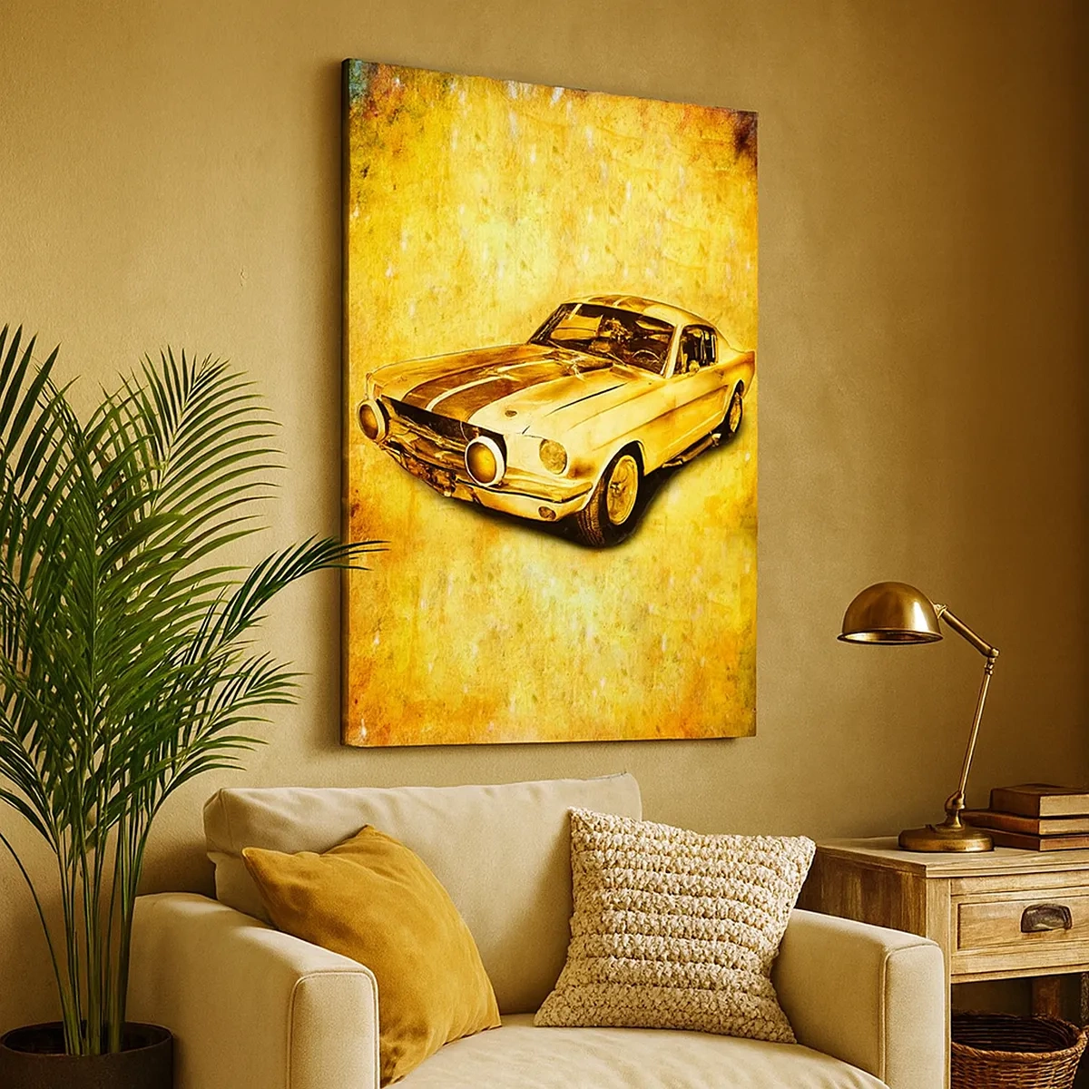 Bild auf Leinwand - Leinwandbild - Klassischer Retro-Sportwagen auf Vintage-Hintergrund in Goldtönen - 50x70cm - Die verrückten 70er Jahre - Moderne Wanddekoration für Wohnzimmer und Schlafzimmer ARTTOR