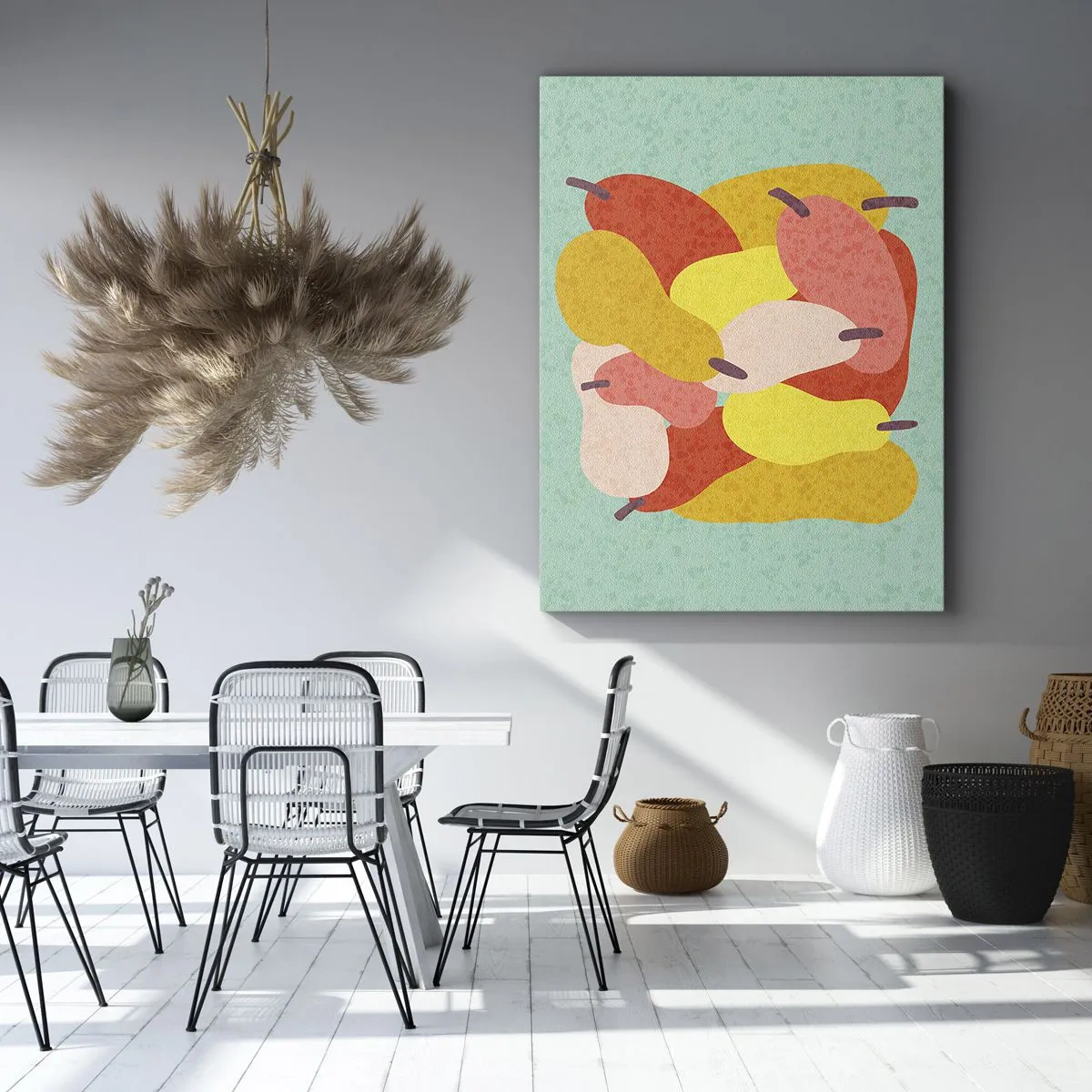 Bild auf Leinwand - Leinwandbild - Bunte abstrakte Birnen auf grünem Hintergrund - 70x100cm - Probieren Sie die Sommersonne - Moderne Wanddekoration für Wohnzimmer und Schlafzimmer ARTTOR