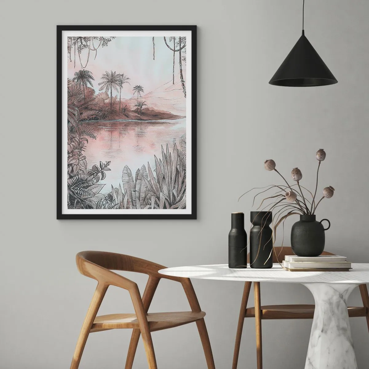Poster in einem schwarzem Rahmen - Exotische Landschaft am Wasser - 50x70cm - Tagebuch eines Entdeckers aus dem 19. Jahrhundert - Moderne Wanddekoration für Wohnzimmer und Schlafzimmer ARTTOR