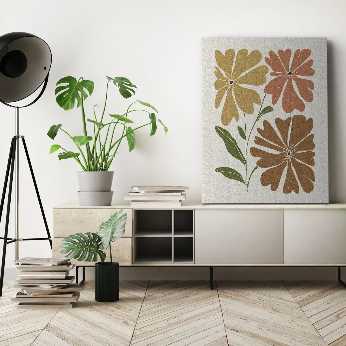Bild auf Leinwand - Leinwandbild - Drei Blumen in warmen Farben auf hellem Hintergrund - 80x120cm - Natur und Geometrie - Moderne Wanddekoration für Wohnzimmer und Schlafzimmer ARTTOR