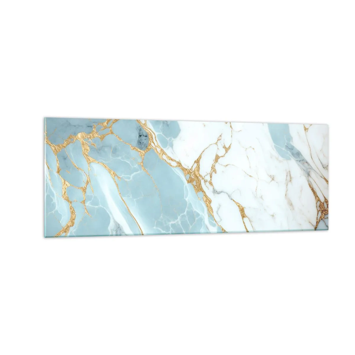 Glasbild - Bild auf glas - Blaue und weiße Marmormuster mit zusätzlichen goldenen Adern - 140x50cm - Reichtum des Steins - Moderne Wanddekoration für Wohnzimmer und Schlafzimmer ARTTOR
