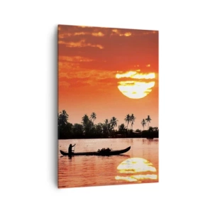Bild auf Leinwand - Leinwandbild - Tropischer Sonnenuntergang mit einem Boot und Palmen im Hintergrund - 70x100cm - Die Ruhe der Tropen bei Sonnenuntergang - Moderne Wanddekoration für Wohnzimmer und Schlafzimmer ARTTOR
