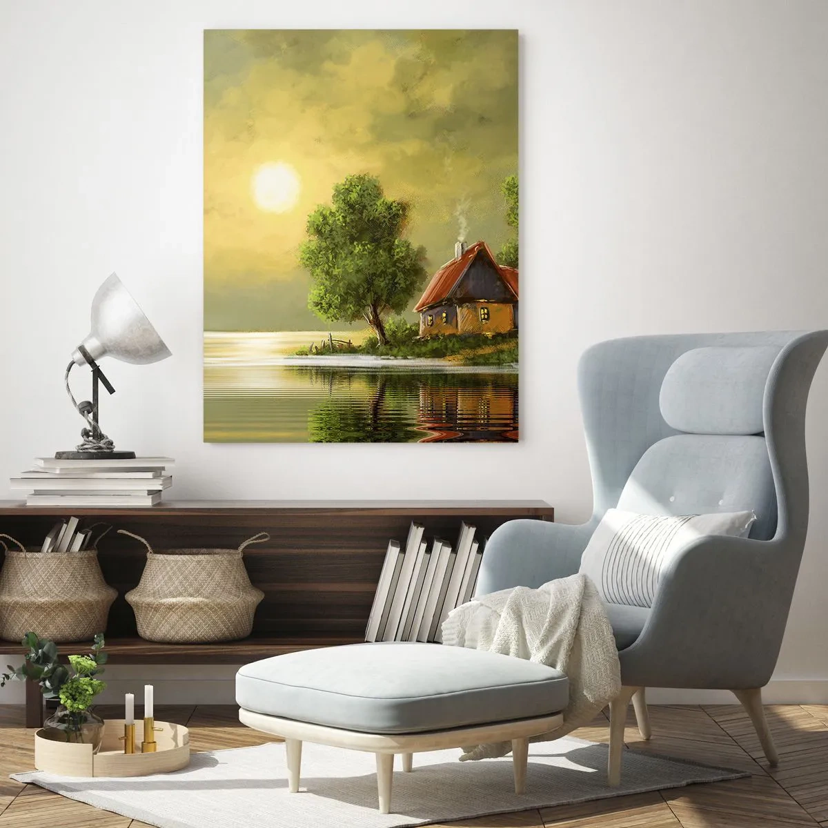 Glasbild - Bild auf glas - Seehaus im Abendlicht - 70x100cm - Schön, wie ein Bild - Moderne Wanddekoration für Wohnzimmer und Schlafzimmer ARTTOR