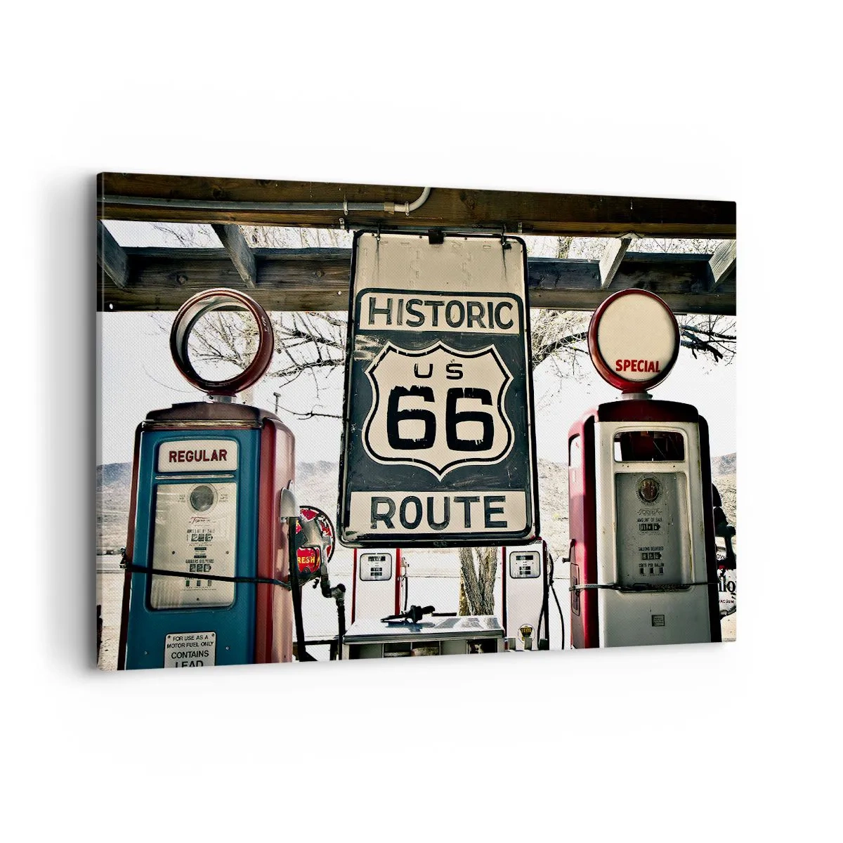 Bild auf Leinwand - Leinwandbild - Historische Tankstelle an der Route 66 - 120x80cm - Amerikanische Retro-Reise - Moderne Wanddekoration für Wohnzimmer und Schlafzimmer ARTTOR