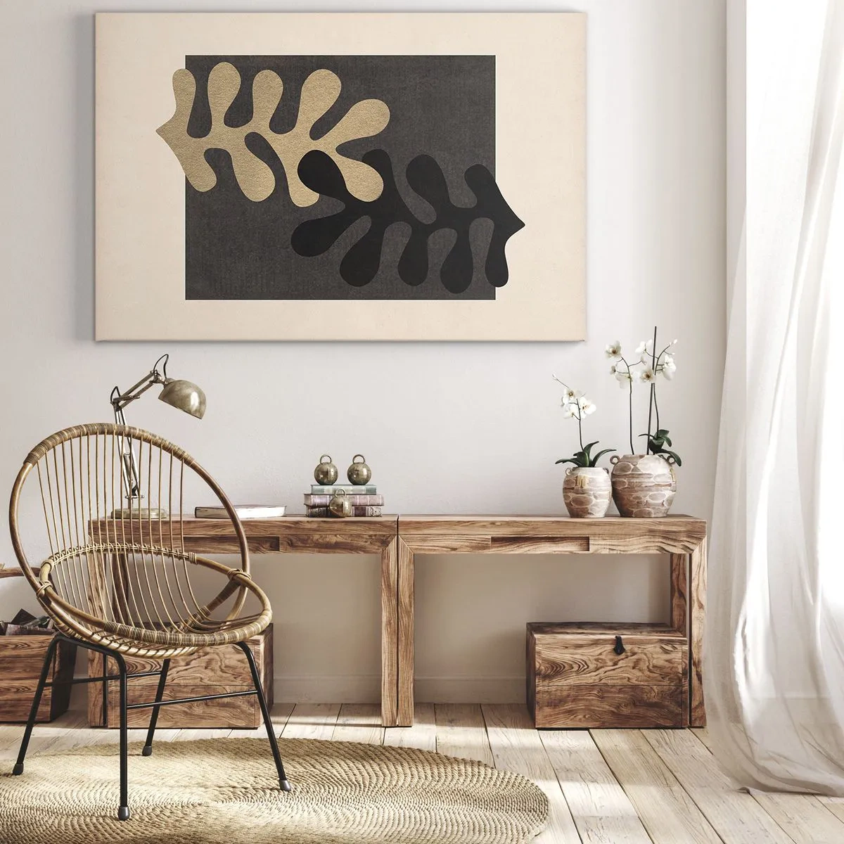 Bild auf Leinwand - Leinwandbild - Abstrakte Blätter in Schwarz und Beige auf rechteckigem Hintergrund - 100x70cm - Abwesenheit und Ergänzung - Moderne Wanddekoration für Wohnzimmer und Schlafzimmer ARTTOR