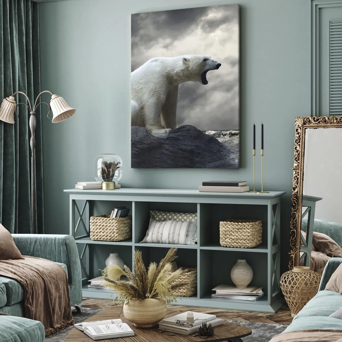 Bild auf Leinwand - Leinwandbild - Ein Eisbär auf den Felsen über einem stürmischen Meer - 50x70cm - Der einsame König der Arktis - Moderne Wanddekoration für Wohnzimmer und Schlafzimmer ARTTOR