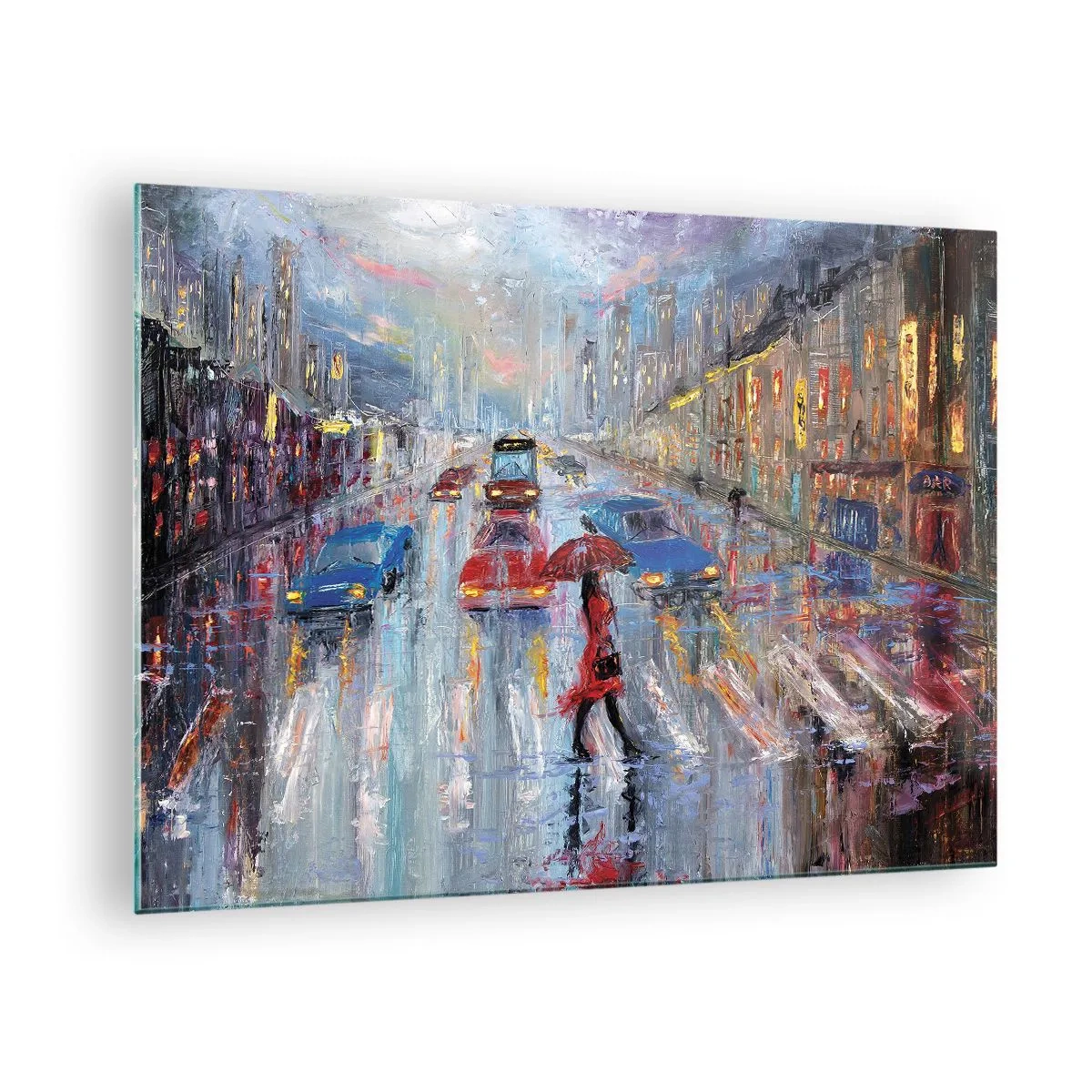Glasbild - Bild auf glas - Stadtszene bei Nacht mit Regen und bunten Lichtern - 70x50cm - Regnerischer Nachmittag in der Stadt - Moderne Wanddekoration für Wohnzimmer und Schlafzimmer ARTTOR
