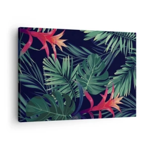 Bild auf Leinwand - Leinwandbild - Tropische Blätter und Blüten auf dunklem Hintergrund - 70x50cm - Im Grünen in Flammen gehen - Moderne Wanddekoration für Wohnzimmer und Schlafzimmer ARTTOR