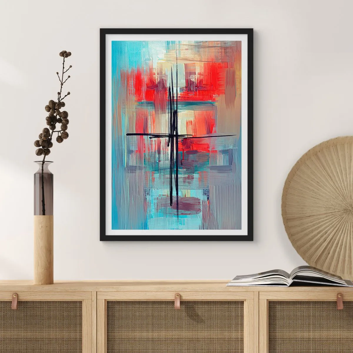 Poster in einem schwarzem Rahmen - Abstrakte Komposition in dynamischen Farben - 50x70cm - Landschaft in einer unbekannten Dimension - Moderne Wanddekoration für Wohnzimmer und Schlafzimmer ARTTOR