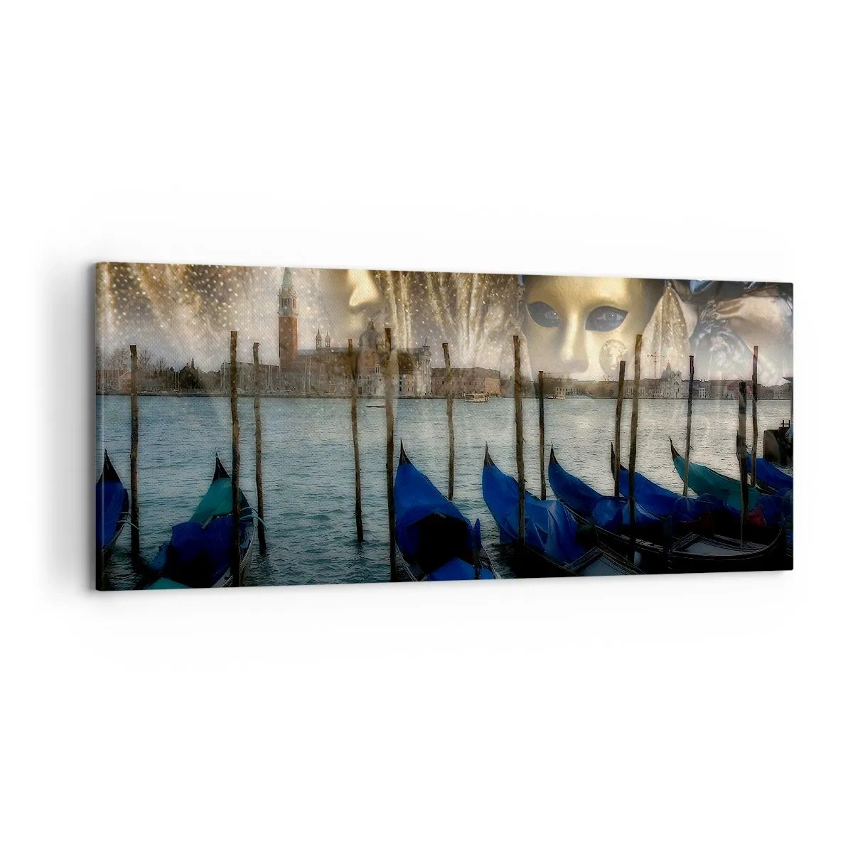 Bild auf Leinwand - Leinwandbild - Venezianische Karnevalsmasken und Gondeln vor der Kulisse der Stadt und des Wassers - 120x50cm - Es ist Zeit, den Karneval zu starten - Moderne Wanddekoration für Wohnzimmer und Schlafzimmer ARTTOR