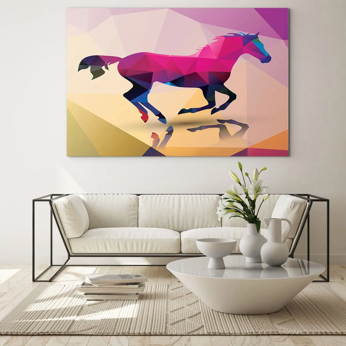 Glasbild - Bild auf glas - Geometrisches Pferd in farbenfroher Abstraktion - 100x70cm - Kubismus lebt noch - Moderne Wanddekoration für Wohnzimmer und Schlafzimmer ARTTOR