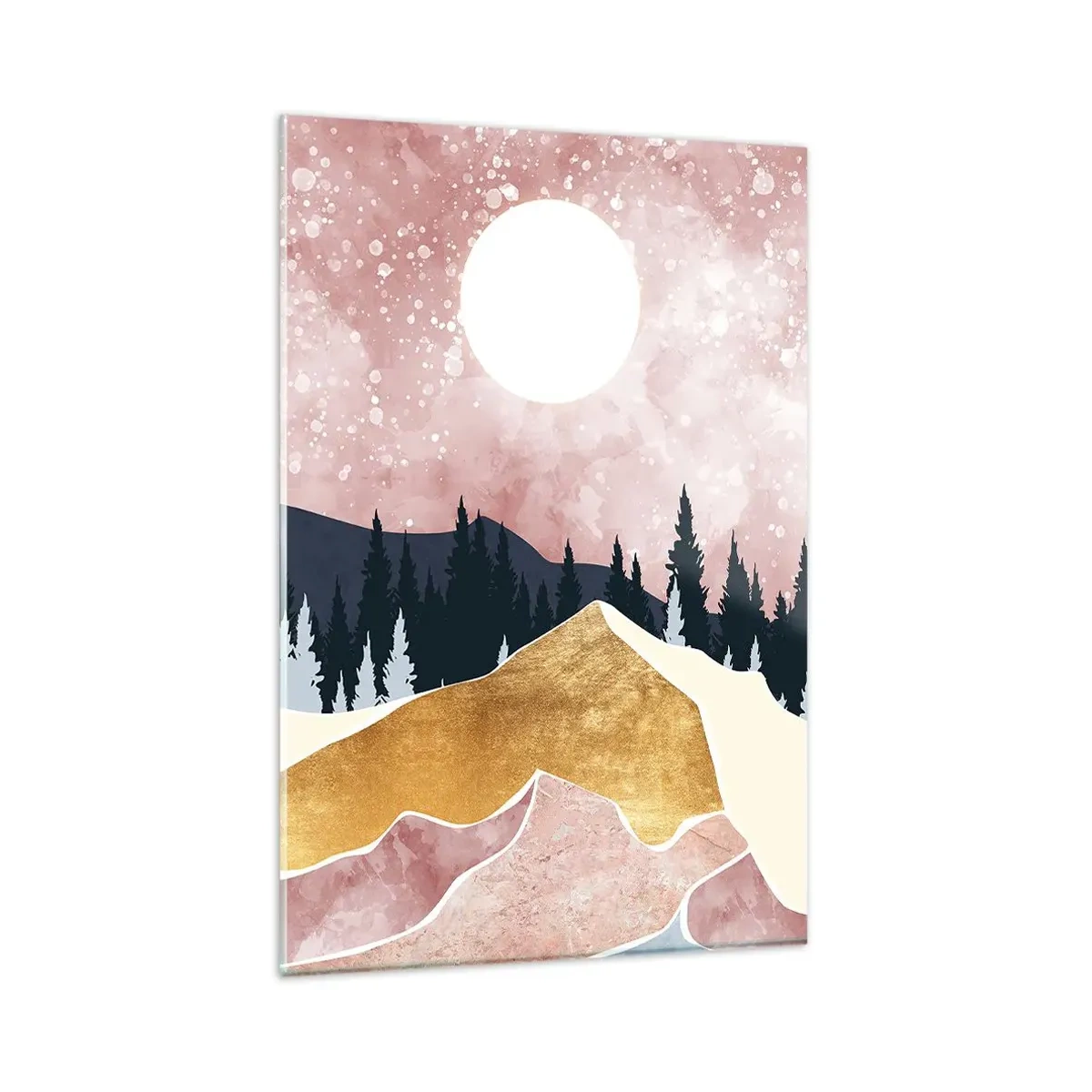 Glasbild - Bild auf glas - Bunte Berge vor einem rosa Himmel mit einem Mond - 80x120cm - Nachtwache - Moderne Wanddekoration für Wohnzimmer und Schlafzimmer ARTTOR