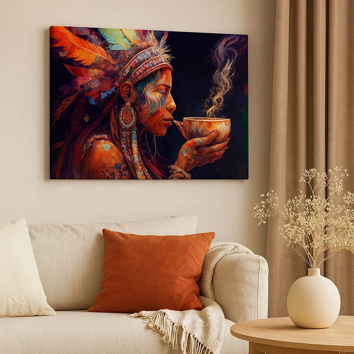 Bild auf Leinwand - Leinwandbild - Eine farbenfrohe Figur im Ethno-Stil mit einer Tasse dampfenden Getränks - 70x50cm - Magisches Ritual - Moderne Wanddekoration für Wohnzimmer und Schlafzimmer ARTTOR