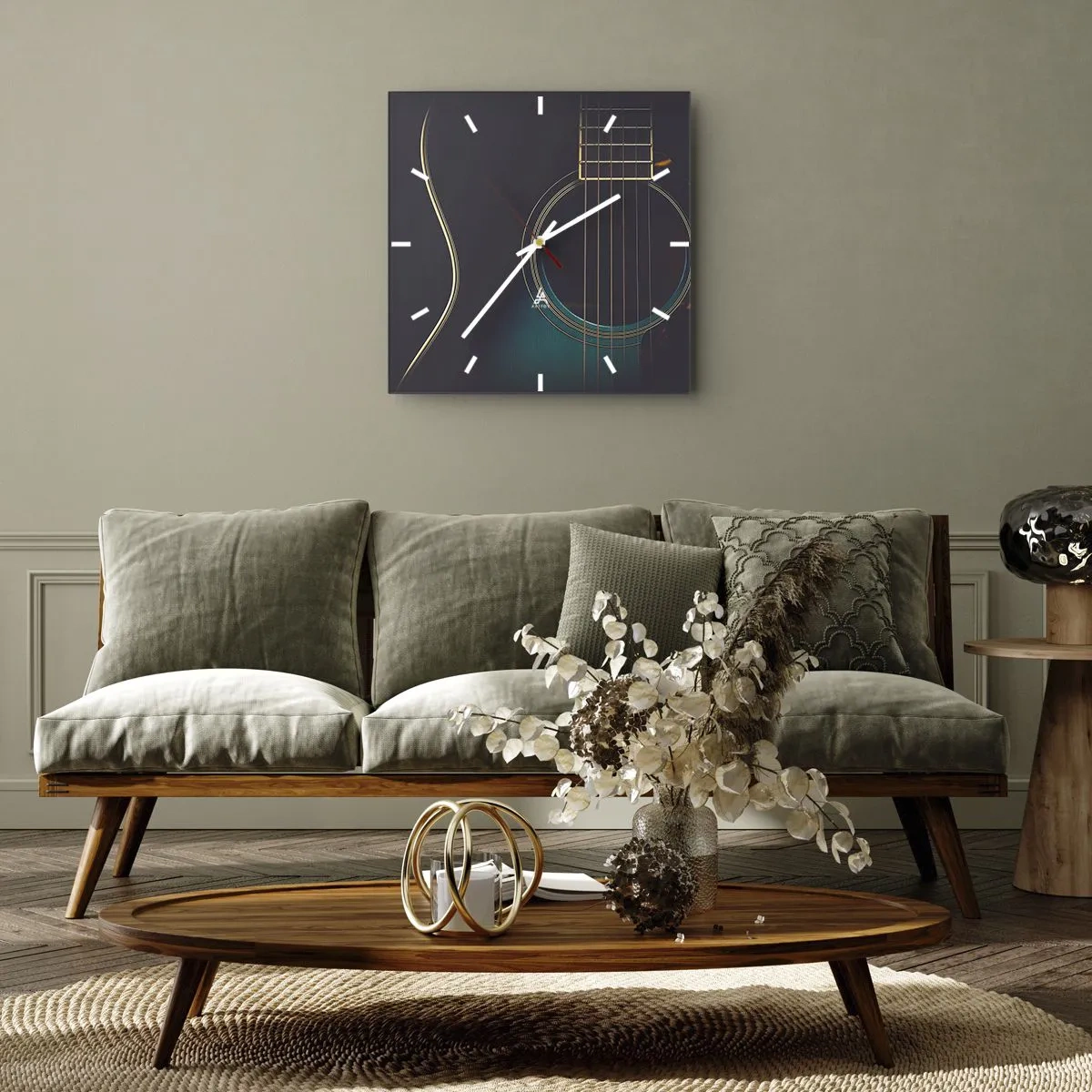 Wanduhr - Glasuhr - Akustikgitarre in dunklem, elegantem Licht - 30x30cm - Einen Moment bevor es ertönt - Moderne Wanddekoration für Wohnzimmer und Schlafzimmer ARTTOR