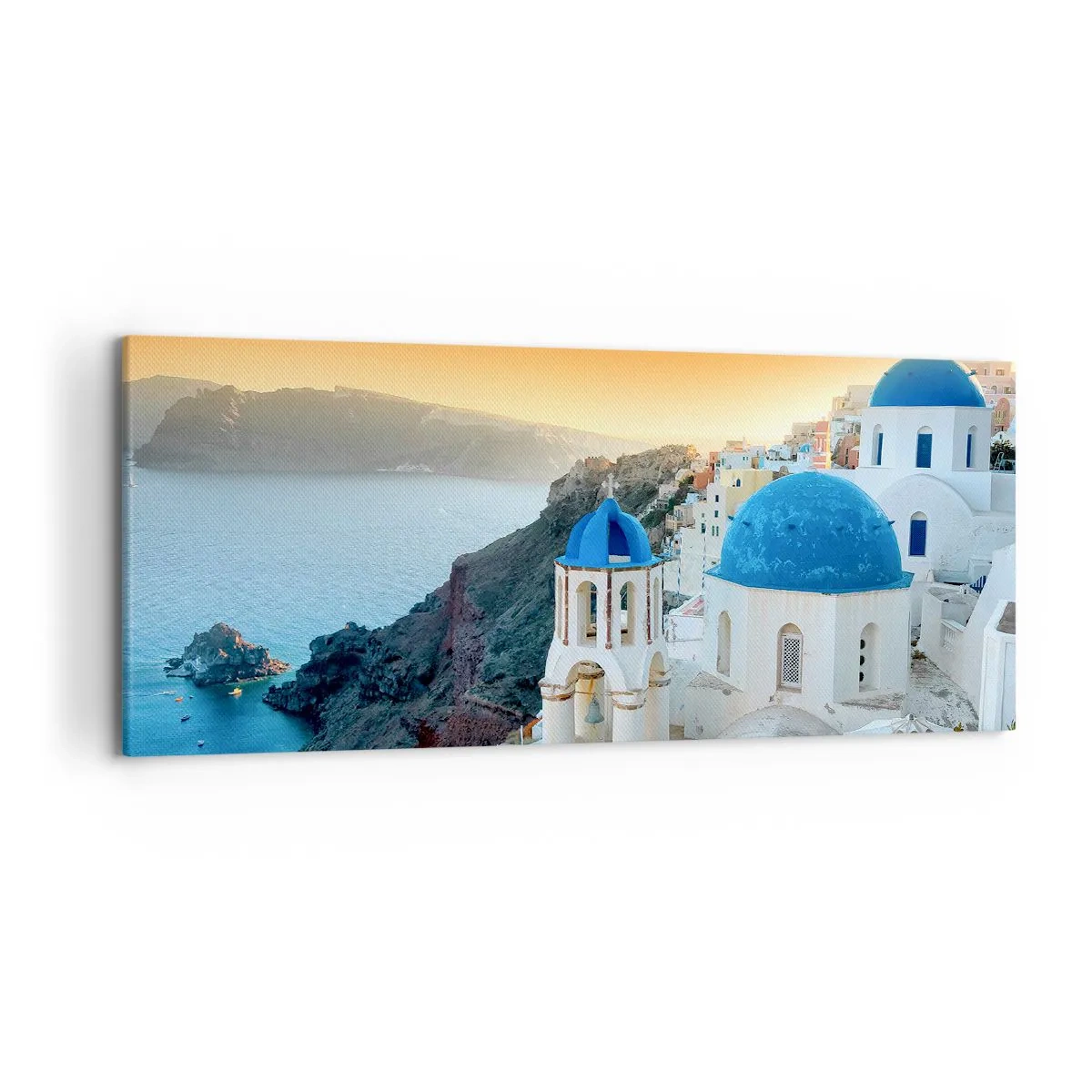 Bild auf Leinwand - Leinwandbild - Blick auf Santorini mit weißen Gebäuden und blauem Meer - 120x50cm - Santorini - an die Felsen gekuschelt - Moderne Wanddekoration für Wohnzimmer und Schlafzimmer ARTTOR