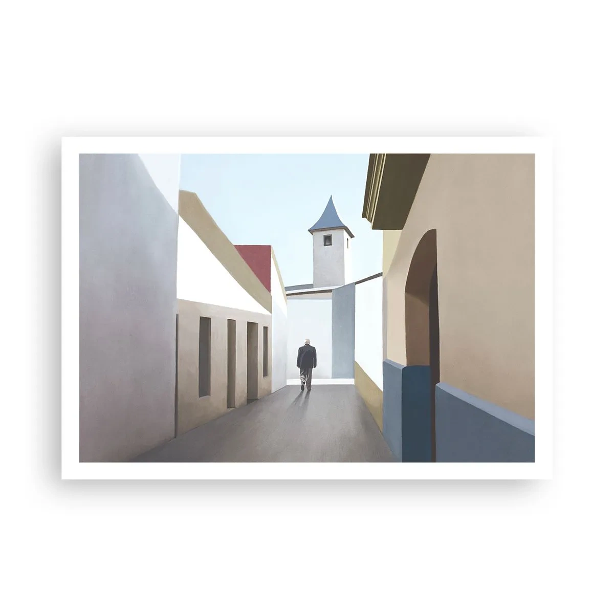 Poster - Eine minimalistische Straße mit der Silhouette eines Mannes im Hintergrund - 100x70cm - Sonniger Spaziergang - Moderne Wanddekoration für Wohnzimmer und Schlafzimmer ARTTOR
