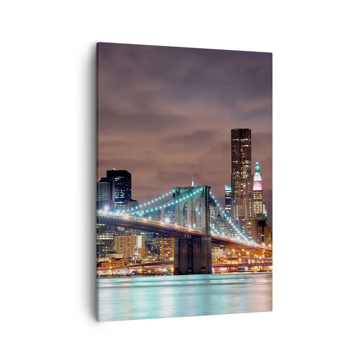 Bild auf Leinwand - Leinwandbild - Die nachts beleuchtete Brücke vor dem Hintergrund des modernen Stadtpanoramas - 50x70cm - Lichter der Großstadt - Moderne Wanddekoration für Wohnzimmer und Schlafzimmer ARTTOR