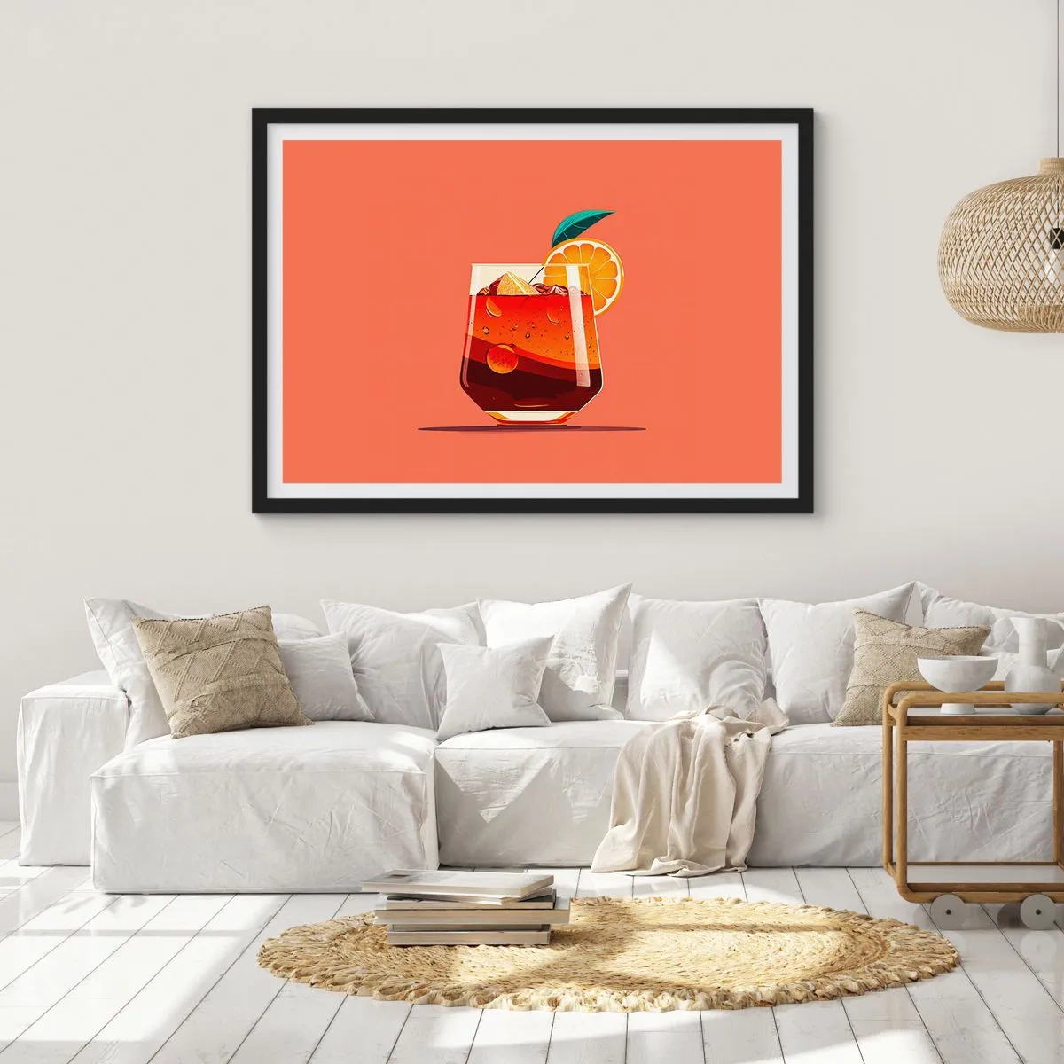 Poster in einem schwarzem Rahmen - Ein Glas Getränk und eine Orangenscheibe auf orangefarbenem Hintergrund - 70x50cm - Sommerliche Erfrischung - Moderne Wanddekoration für Wohnzimmer und Schlafzimmer ARTTOR