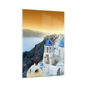 Glasbild - Bild auf glas - Blick auf Santorini mit weißen Gebäuden und blauem Meer - 80x120cm - Santorini - an die Felsen gekuschelt - Moderne Wanddekoration für Wohnzimmer und Schlafzimmer ARTTOR