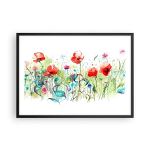 Poster in einem schwarzem Rahmen - Eine Wiese mit roten Mohnblumen und bunten Blumen in Aquarell - 70x50cm - Blühende Maiwiese - Moderne Wanddekoration für Wohnzimmer und Schlafzimmer ARTTOR